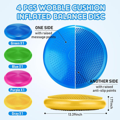 Jerify 4 Pcs Wiggle Seat Flexible Inflated Wobble Cushion Stability Balance Pad Balance Disc Sensory Seat for Men Women Fitness Physical Exercise Improving Posture Home Office