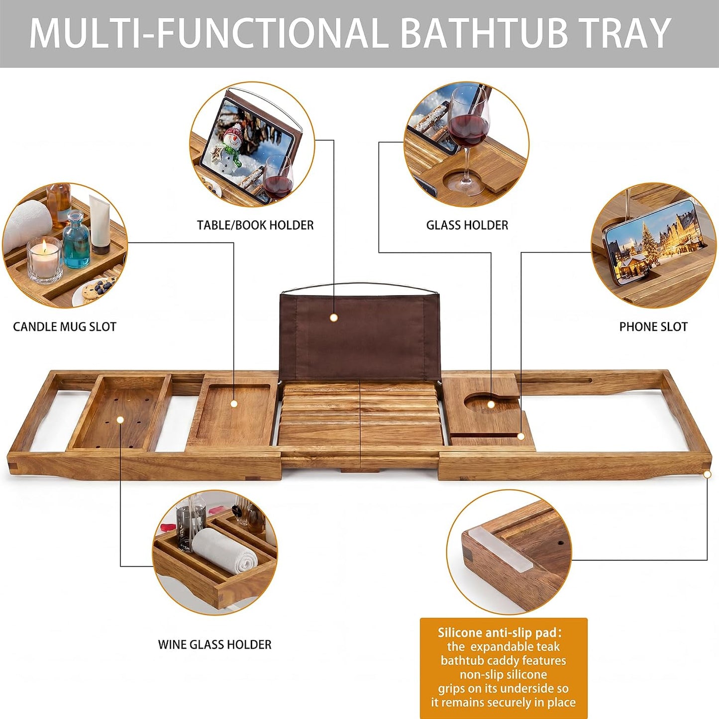 Artmalle Luxury Bathtub Caddy Tray for Tub - Foldable Bamboo Bath Table Tray with Book and Wine Glass Holder, Expandable Bathroom Accessories for Spa or Reading Lite Style