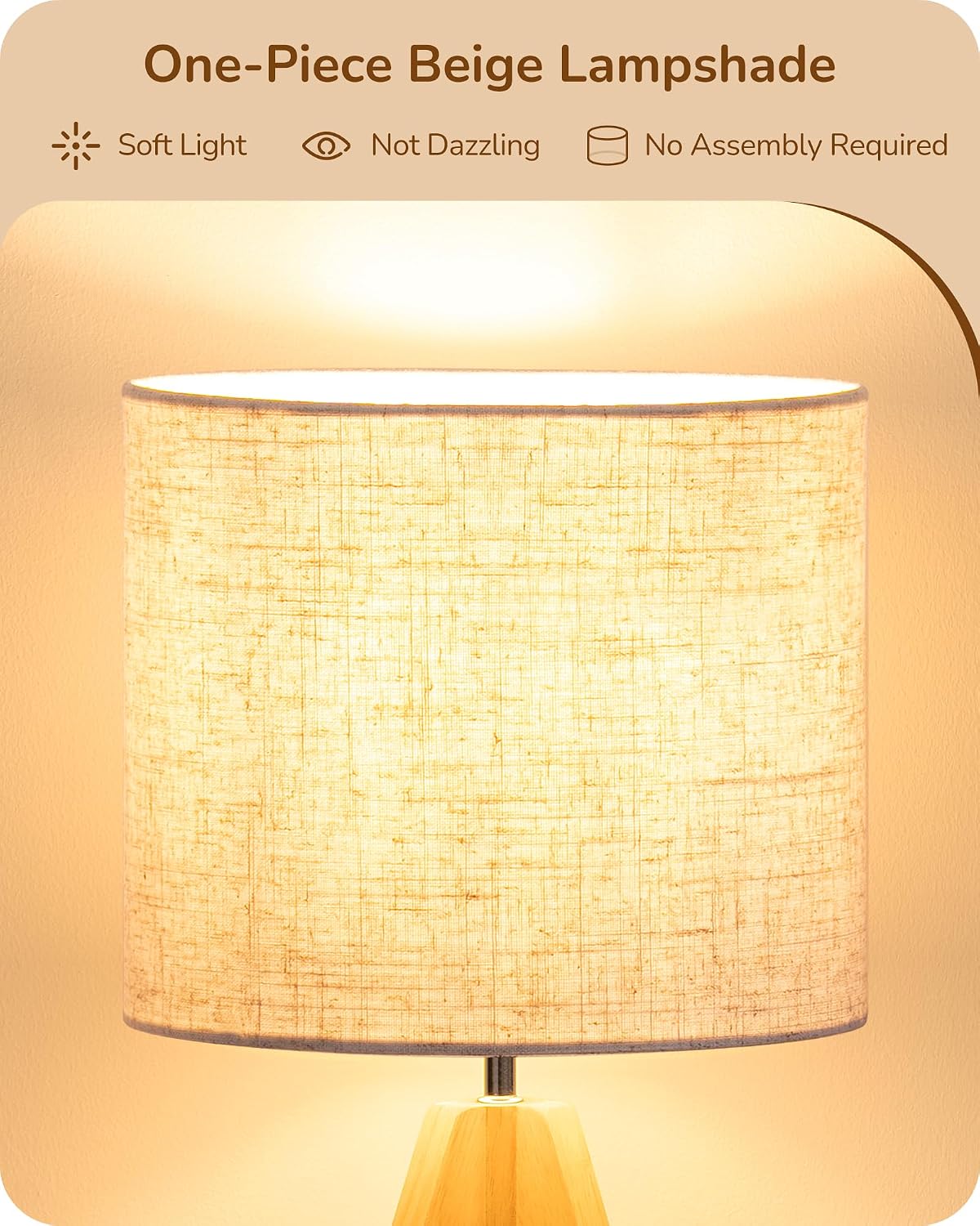 EDISHINE Tripod Table Lamp, Small Cute Bedside Lamp with Linen Beige Lampshade, Nightstand Lamp for Nursery, Bedroom, Kid Room, Living Room, Light Brown Wooden Base, E26 Socket, 14.2 Inch