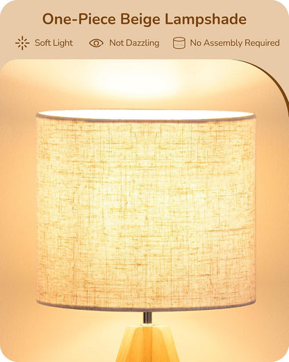 EDISHINE Tripod Table Lamp, Small Cute Bedside Lamp with Linen Beige Lampshade, Nightstand Lamp for Nursery, Bedroom, Kid Room, Living Room, Light Brown Wooden Base, E26 Socket, 14.2 Inch