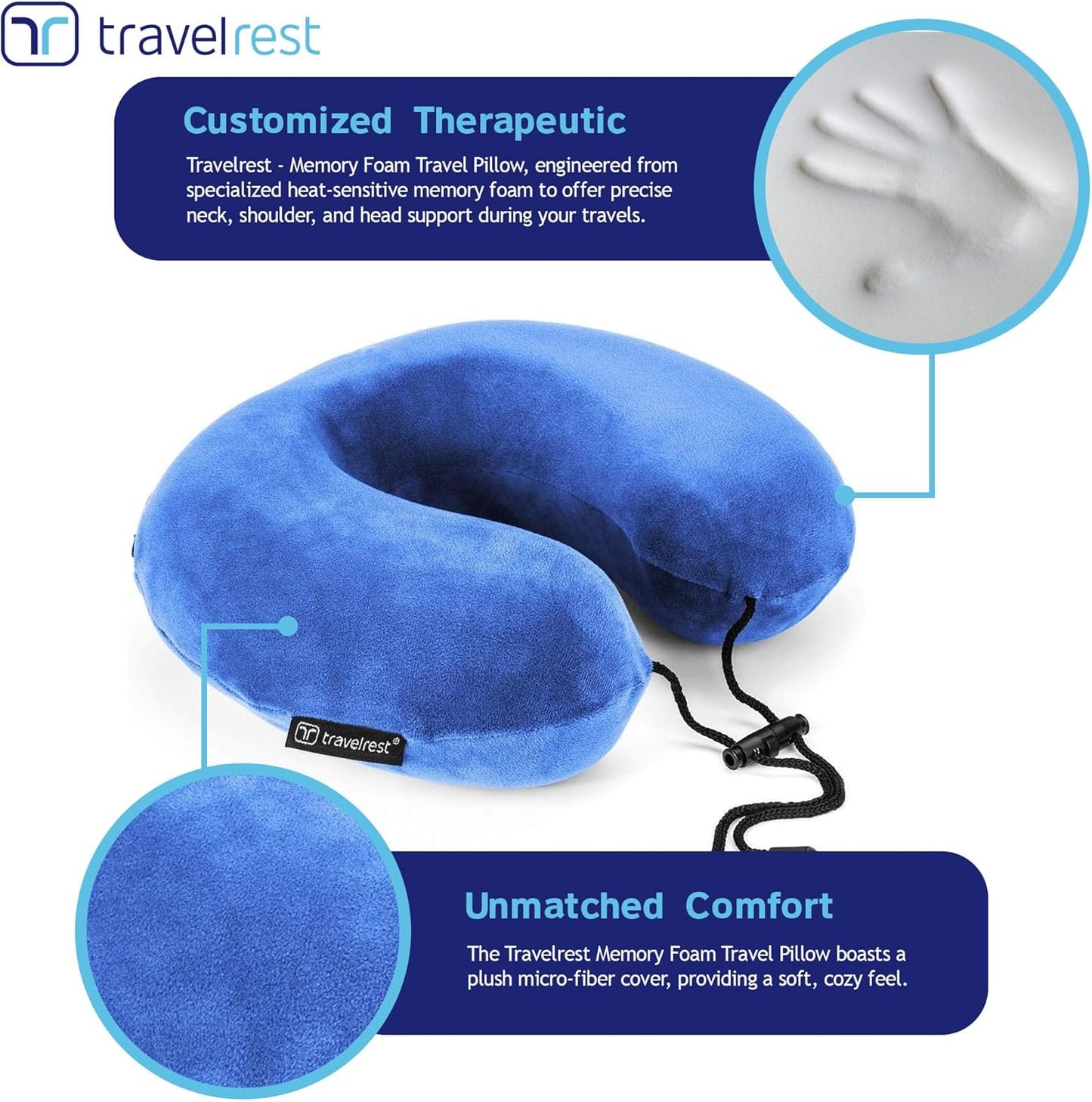 travelrest Sleep Neck Pillow Travel - Travel Essentials, Memory Foam, Neck Support Pillow for Long Flight, Plane Sleeping Accessories, Anti-Slip and Comfortable, Washable, Attaches to Luggage - Gray