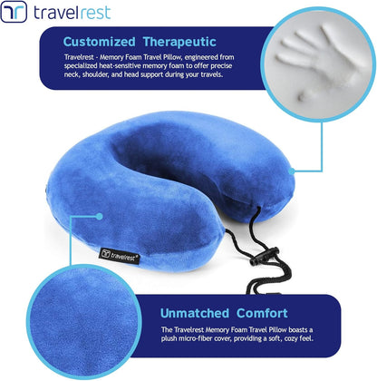 travelrest Sleep Neck Pillow Travel - Travel Essentials, Memory Foam, Neck Support Pillow for Long Flight, Plane Sleeping Accessories, Anti-Slip and Comfortable, Washable, Attaches to Luggage - Gray