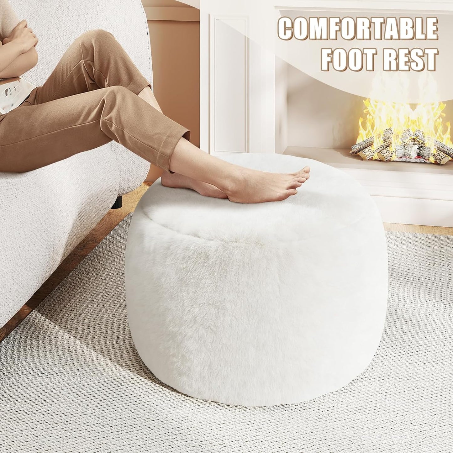 Round Stuffed Pouf Ottoman Foot Rest, Faux Fur Poufs with Memory Foam Filling, Ottomans for Living Room, Nursery, Dorm, Soft Foot Stool Ottoman for Couch, Perfect for Resting Your Feet (Grey, 20 Inch)