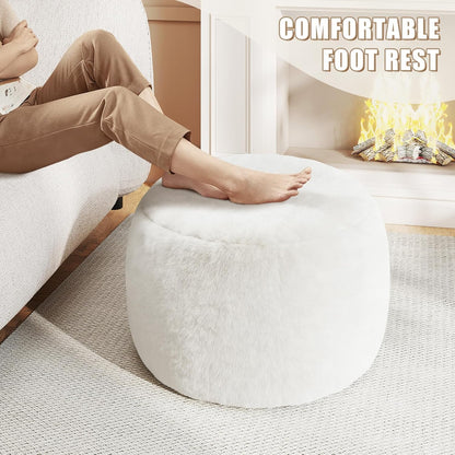 Round Stuffed Pouf Ottoman Foot Rest, Faux Fur Poufs with Memory Foam Filling, Ottomans for Living Room, Nursery, Dorm, Soft Foot Stool Ottoman for Couch, Perfect for Resting Your Feet (Grey, 20 Inch)
