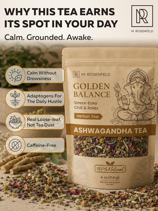 Ashwagandha Tea Loose Leaf – Golden Balance – Chill & Relax Herbal Blend with Chamomile, Lemon Balm & Lavender – Caffeine-Free Adaptogen Root Tea with a Naturally Slightly Earthy Flavor for Calm & Relaxation, 4 oz