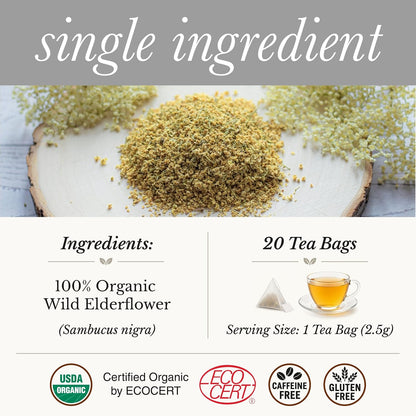 Wild Bliss Organic Elderflower Herbal Tea - Caffeine Free Elder Flowers Tisane - Pharmacopoeia Potency - 20 Plant Based Tea Bags