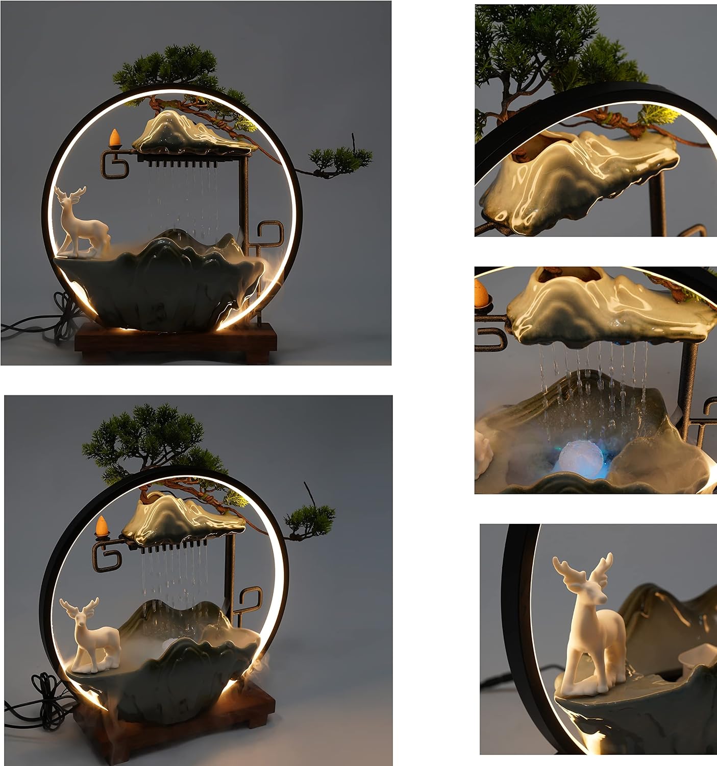 Mini Artificial Bonsai Tree Waterfall Fog Feature Rock Tabletop Fountain | 11in Desktop Decor Waterfall Fountain W/ Water Pump& Atomizer&LED Lights &Fake Tree Office Bedroom Relax