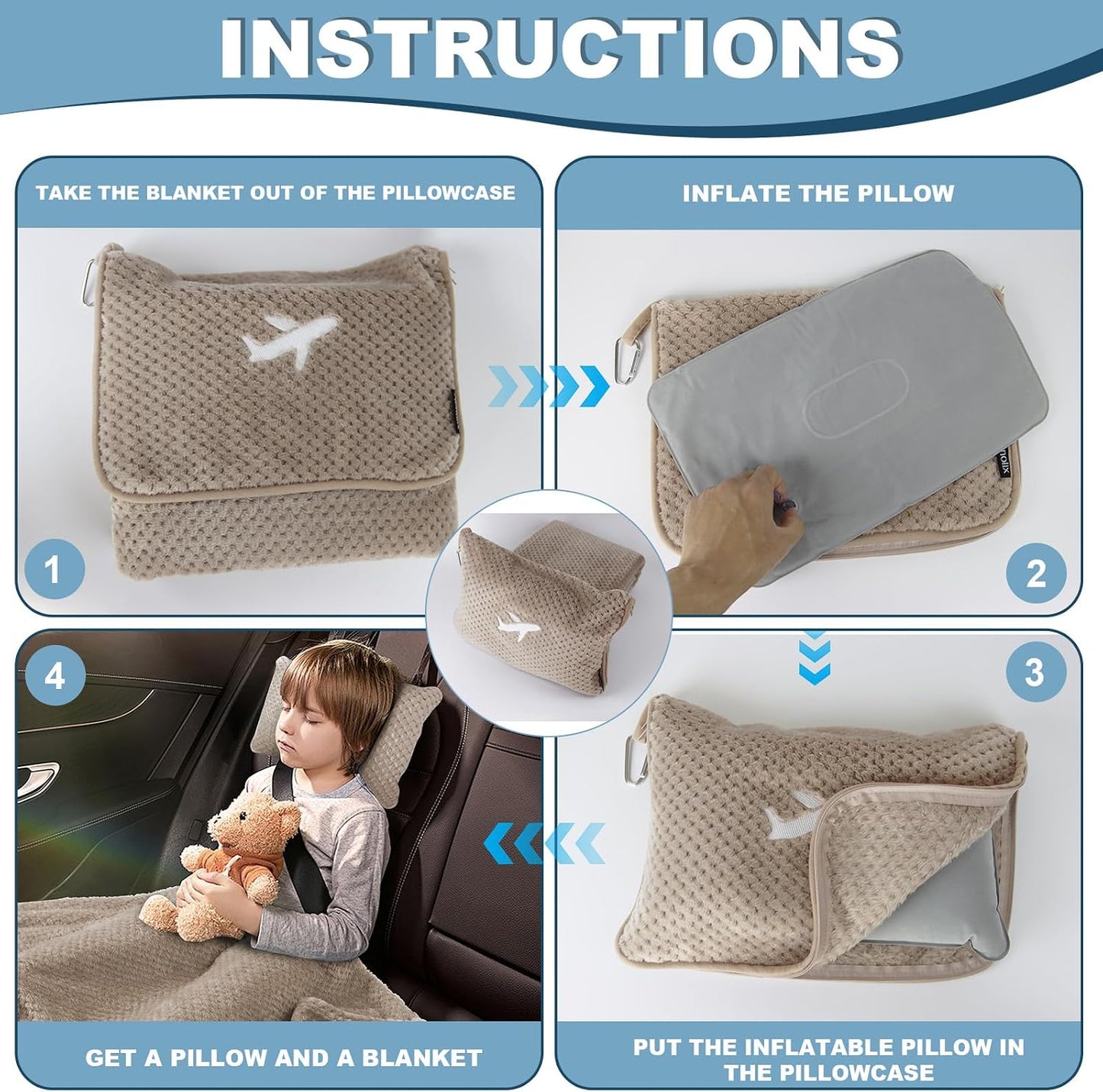 Travel Blanket Airplane Compact with Bag, Travel Essentials 3 in 1 Packable Airplane Blanket, Travel Pillow and Blanket Set, Inflatable Pillow, Luggage Sleeve & Backpack Clip (Light Grey)