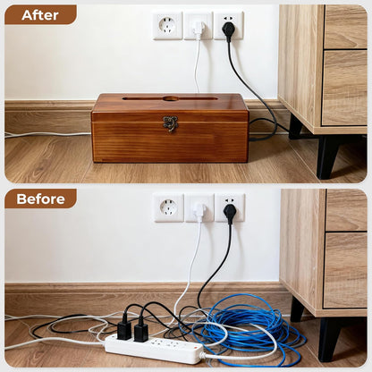 Large Cable Management Box with Clasp, Soild Wood Cord Box with 4 Open Slots, Cable Box to Hide Cords and Power Strip