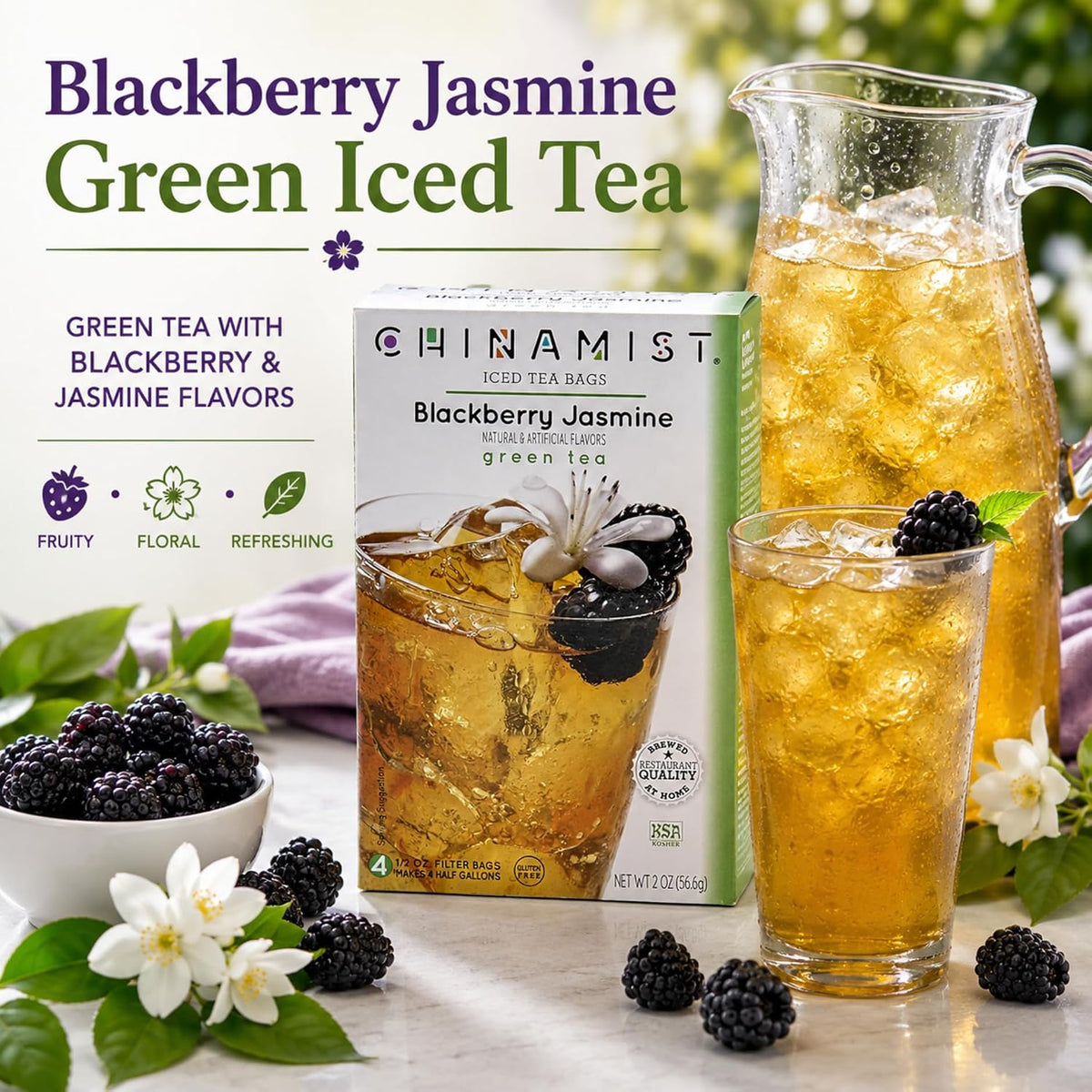China Mist Iced Tea – Blackberry Jasmine Green Tea Infusion – Refreshing and Delicious – Each Tea Bag Yields 1/2 Gallon – 4 bags.