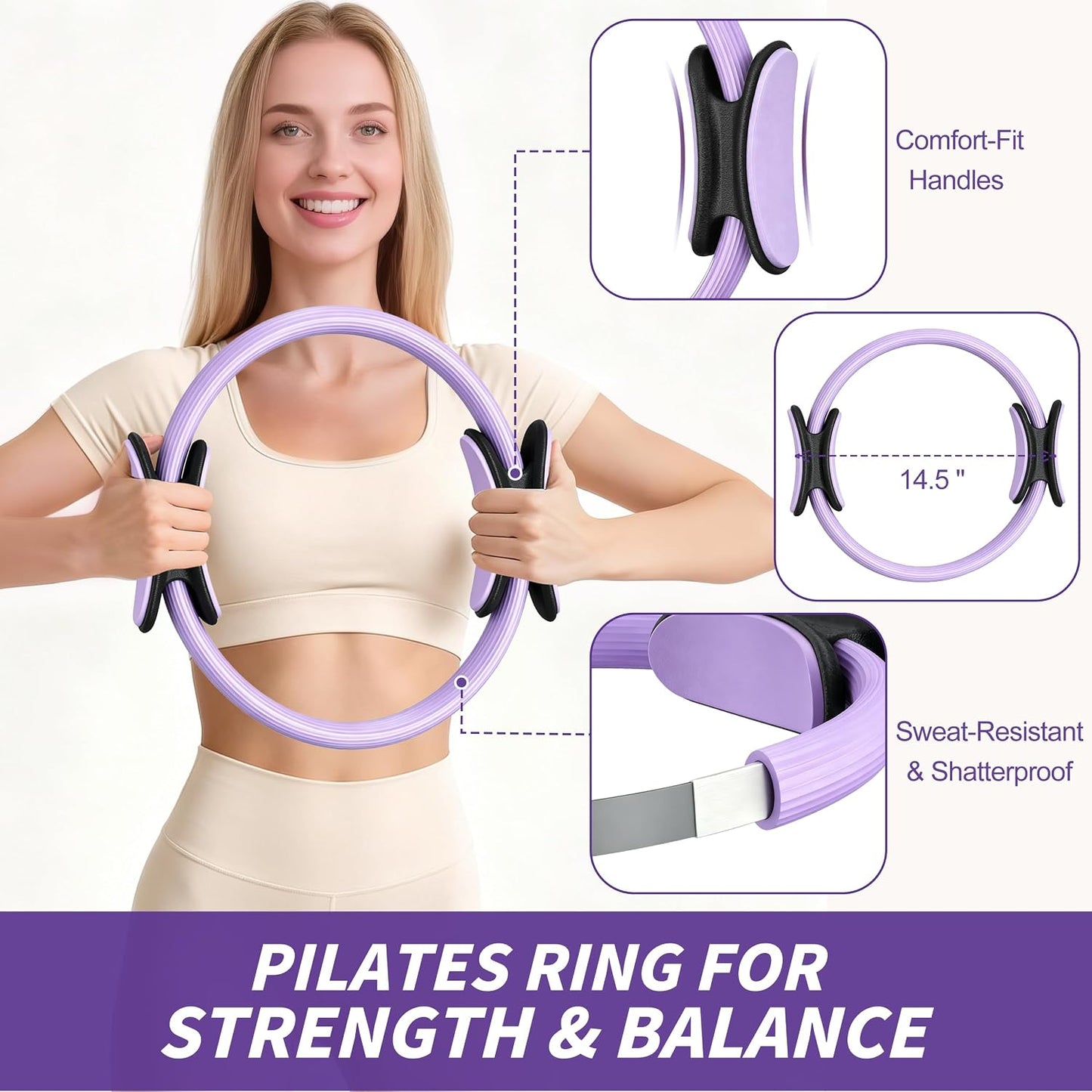 NANATI Pilates Kit, Home Pilates Workout Kit for Women, Pilates Equipment with 14.5" Pilates Ring and Ball, Resistance Bands, Ankle Weights, Sliders & Grip Socks for Home Workouts