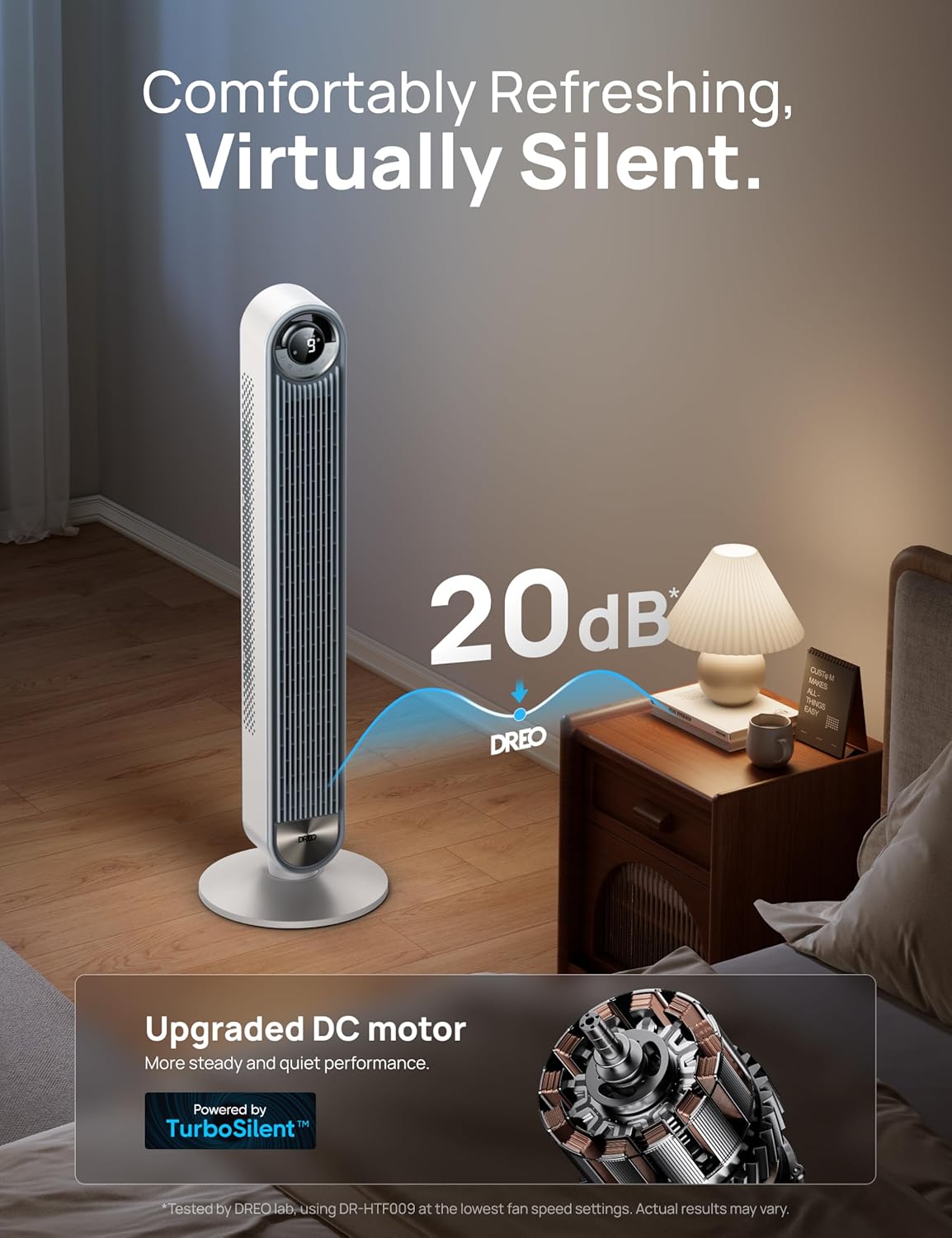 DREO Tower Fan for Bedroom, Upgraded DC 9 Speeds 20dB Ultra-Quiet Floor Fan, 90° Oscillating Fans with 28ft/s Velocity, 12H Timer, Standing Fan, Bladeless Fan Powerful for Home, Black