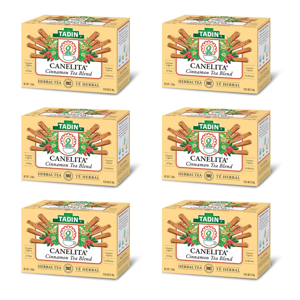 Tadin Cinnamon Tea Blend, Herbal Tea, Contains Caffeine, 24 Tea Bags Per Box, Pack of 6