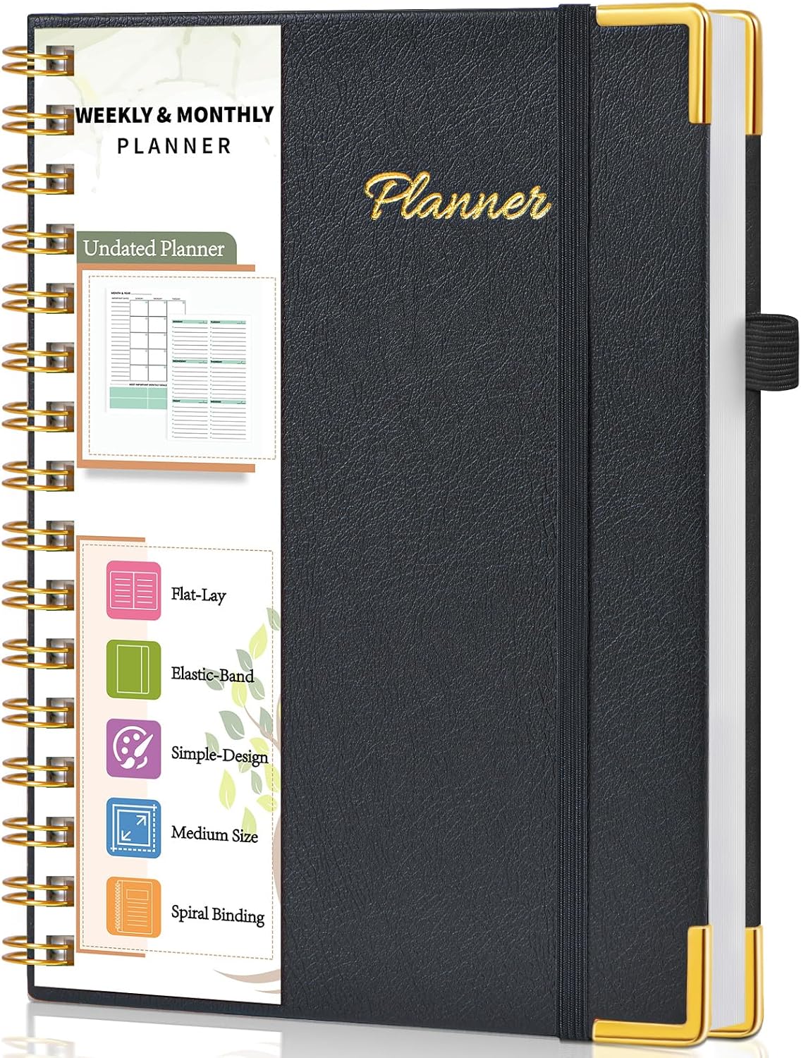 Undated Weekly Planner, Hardcover Leather Weekly & Monthly Calendar Blank Planner, To Do List Notebook with Goal & Habit Tracker Organizer, A5 Daily Planner with Spiral Binding, Ideal for Work School Home, Black