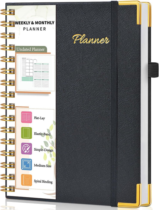 Undated Weekly Planner, Hardcover Leather Weekly & Monthly Calendar Blank Planner, To Do List Notebook with Goal & Habit Tracker Organizer, A5 Daily Planner with Spiral Binding, Ideal for Work School Home, Black