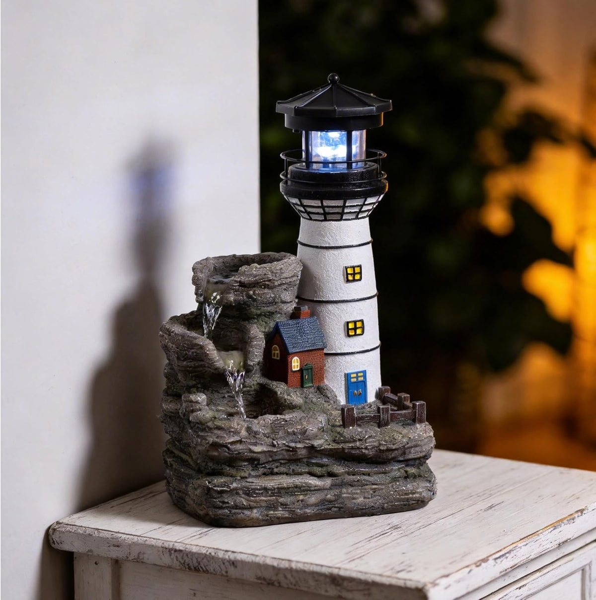 Tolevoit Indoor Tabletop Water Fountain, Mediterranean Coastal Lighthouse Waterfall with Blue LED Light, Relaxing Zen Desk Fountain for Office & Bedroom, Nautical Home Decor Stress Relief Gift