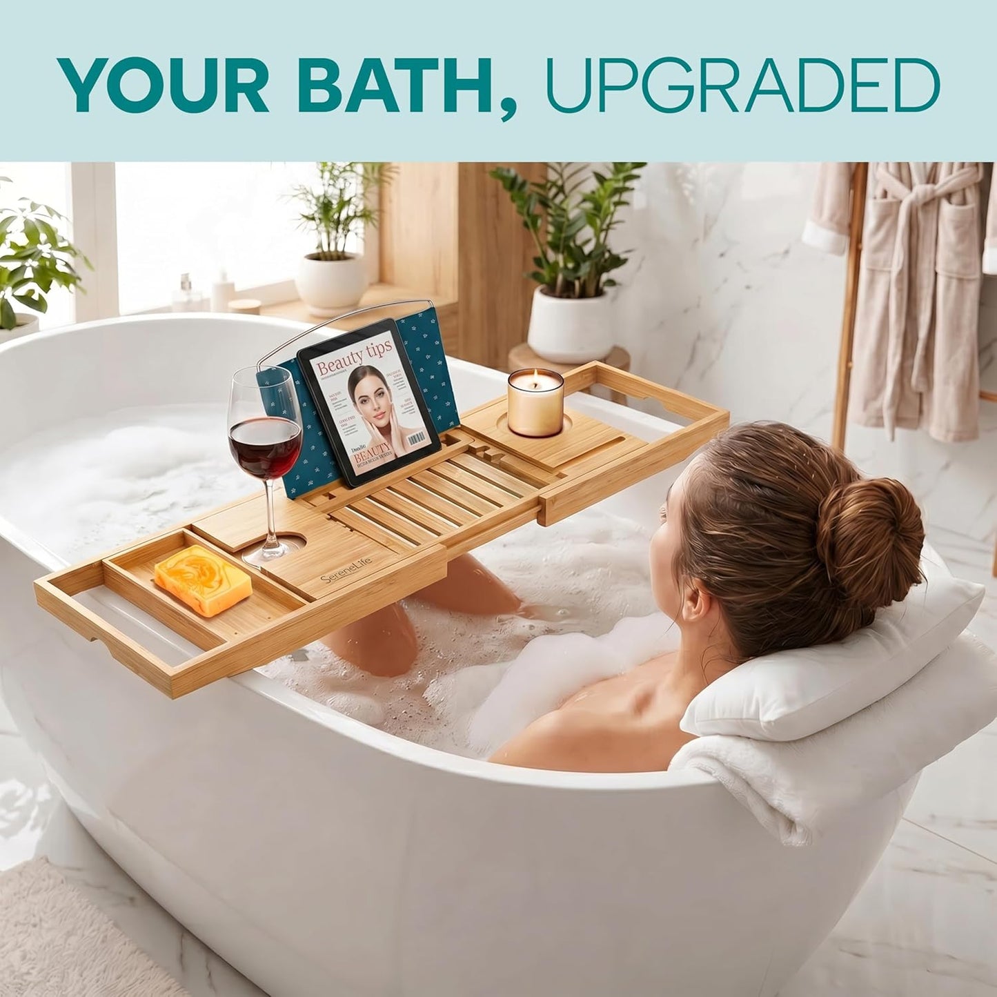SereneLife 2 in 1 Bed and Bath Tray - Foldable Bamboo Bathtub Caddy with Adjustable Length, Non-Slip, Device Holder, Wine Glass Slot, Expandable for Comfortable Bathing, Natural, Folding Set