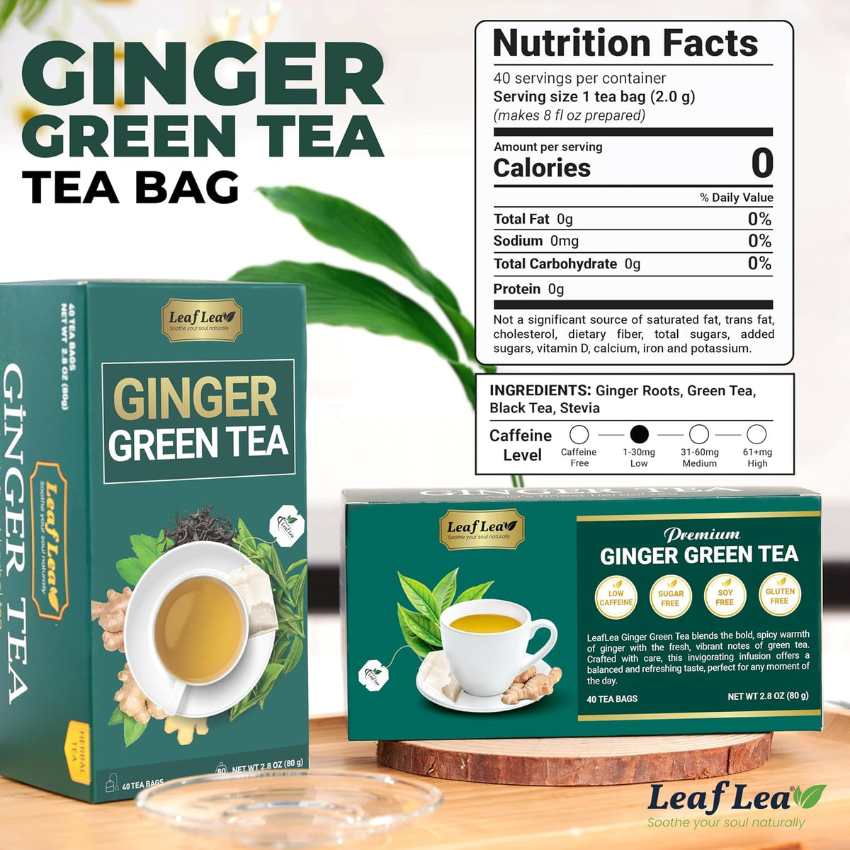 LeafLea Ginger Green Tea Bags, Digestion & Immune Support, 80 Count, 2-Pack