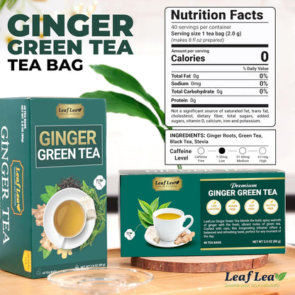 LeafLea Ginger Green Tea Bags, Digestion & Immune Support, 80 Count, 2-Pack