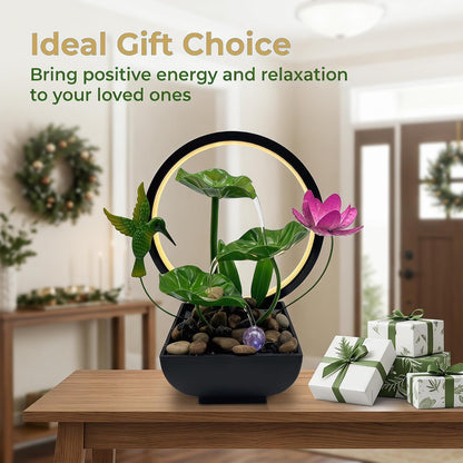 Tabletop Fountain,Indoor Water Fountain,Home Fengshui Décor Zen Relaxation Soothing Sound Machine for Office,Living Room,or Bedroom,Green Lotus,Hummingbird & Pink Flower,9.1inch