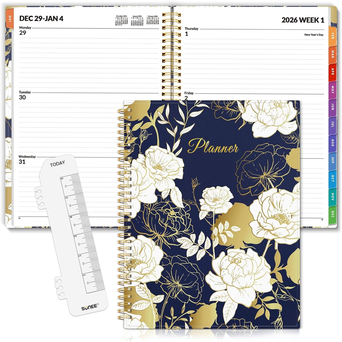 SUNEE Academic Planner 2026-2027 – Weekly & Monthly Planner, July 2026 to June 2027, 6.4"x8.3", Thick Paper, Tabs, Pockets, Bookmark, Spiral-Bound, Student Teacher Organizer, Black