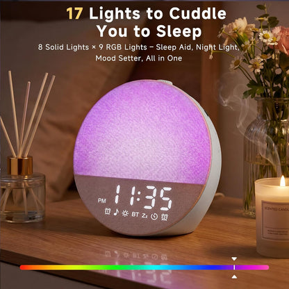 Geuuap Sunrise Alarm Clock White Noise Machine | Natural Wake-Up Light for Bedroom with 30 Soothing Sleep Aids, Bluetooth Speaker, Dimmable Clock, Screen-Free Design for Baby Adults Kids-Khaki