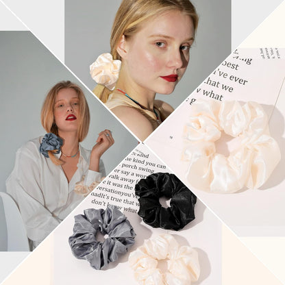 16 Pcs Scrunchies for Women - Black Satin Silk Scrunchies for Girls Hair Ties Elastics Bands Ponytail Holder Hair Accessories