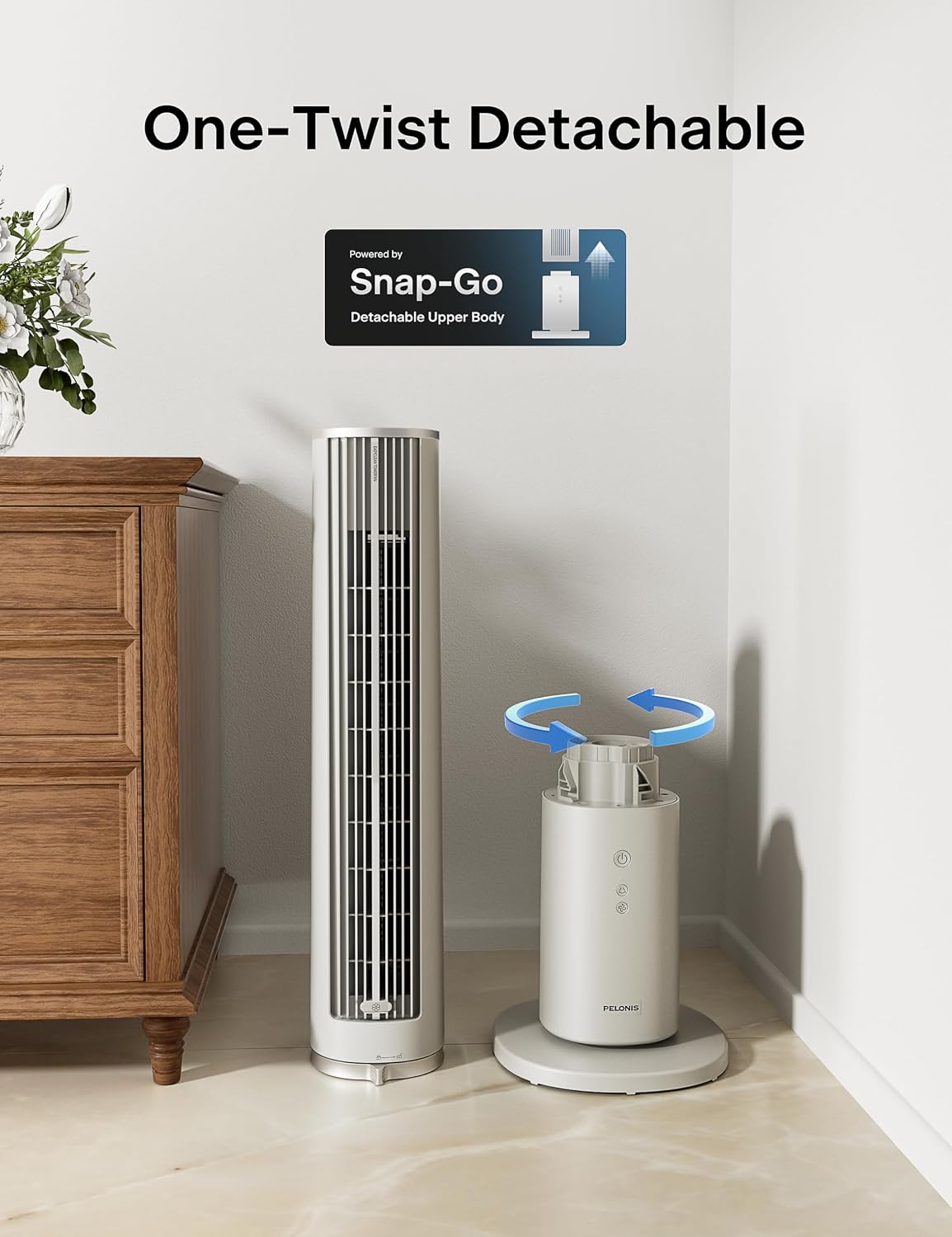 PELONIS 40 inch Bladeless Tower Fan for Bedroom, Standing Fan with Remote Control, 26ft/s, 90° Oscillation, 3 Speed Settings, 27dB, 3 Modes, 15-Hour Timer, LED Display, Fan that Blows Cold Air, White