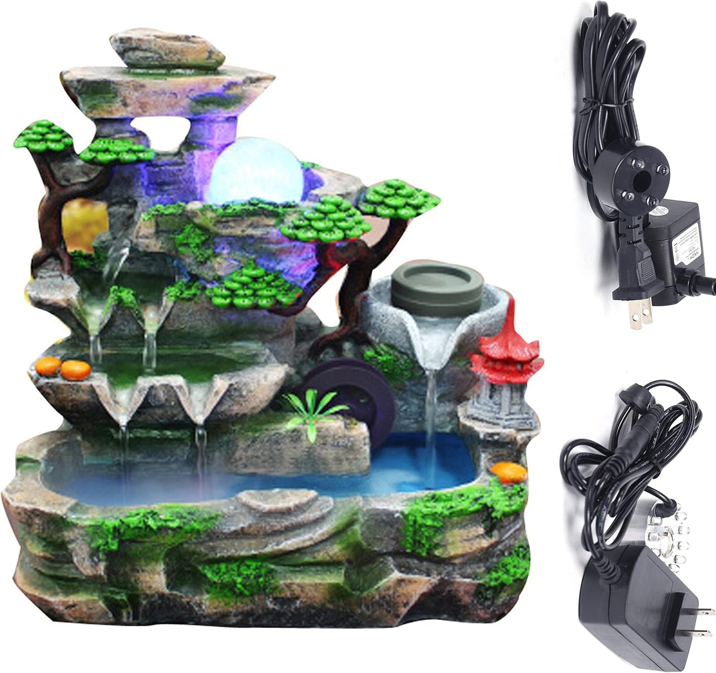 Mini Artificial Bonsai Tree Waterfall Fog Feature Rock Tabletop Fountain | 11in Desktop Decor Waterfall Fountain W/ Water Pump& Atomizer&LED Lights &Fake Tree Office Bedroom Relax