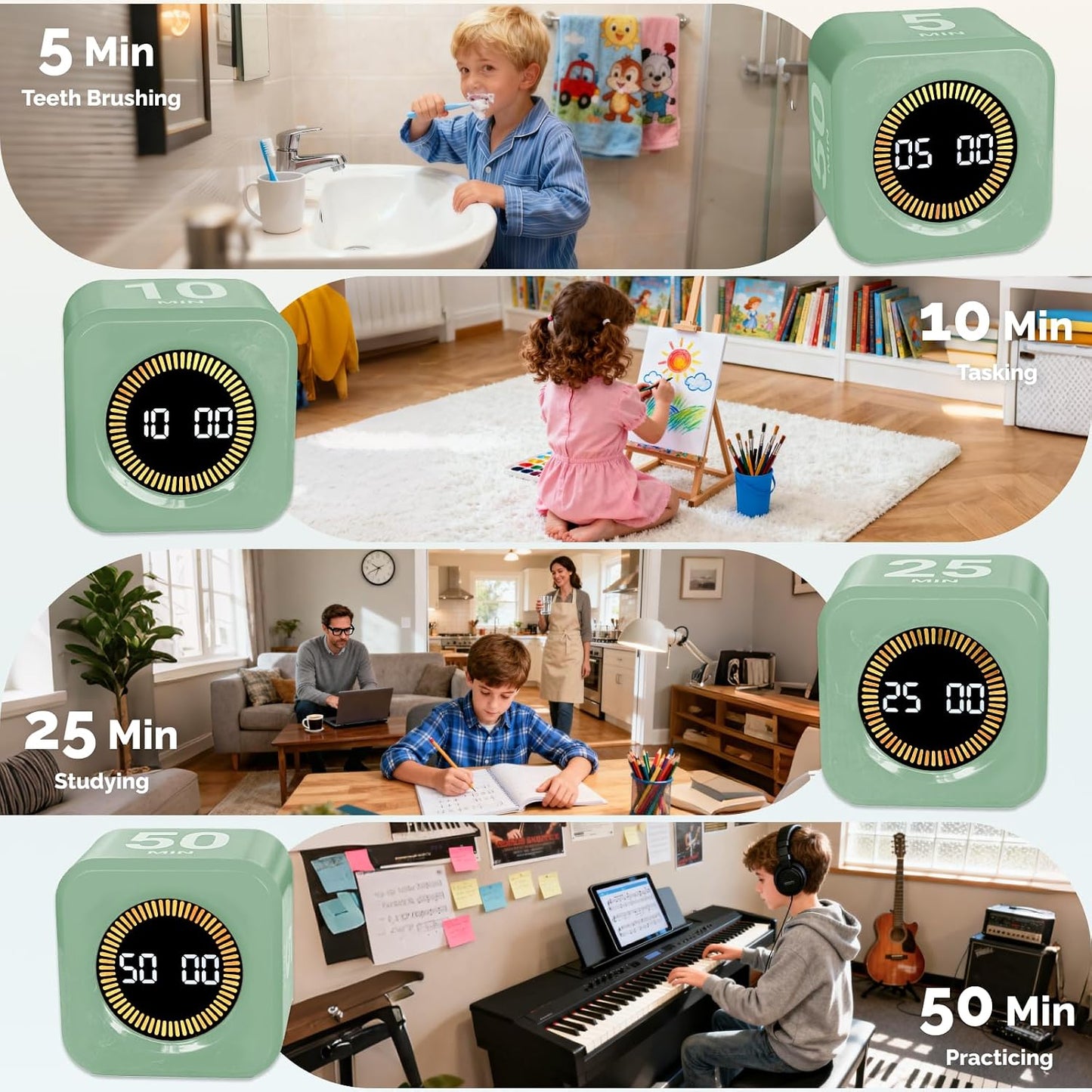 KADAMS Pomodoro Timer – Visual Cube with 5/10/30/60 Min Presets, LED Countdown Ring & Count Up Mode, Silent Flip Productivity Timer for Study, Classroom, Office, Cooking
