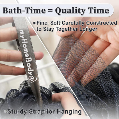 myHomeBody Large 70g Loofah Sponge, Bath Body Scrubber for Women, Men, Exfoliating Shower Pouf with Activated Charcoal - 2 Graphite Gray + 1 Sage Green, 3 Pack