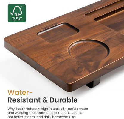 Teak Bathtub Tray for Freestanding Tubs - 35" Heavy-Duty Luxury Bath Caddy, Non-Slip Zero-Wobble Design, Water-Resistant Spa Organizer with Wine Glass & Phone Holder