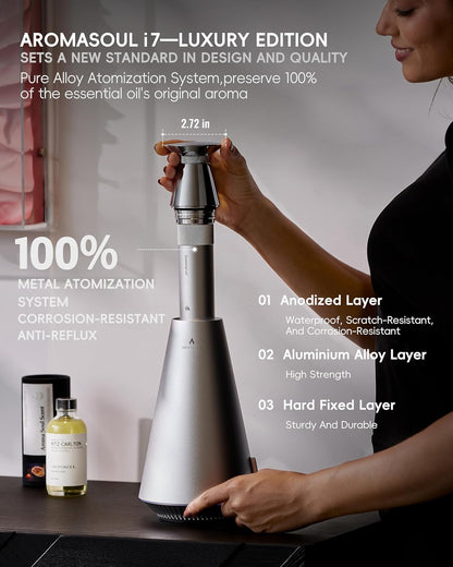 All-Metal Waterless Scent Diffuser Kit – 1500 Sq.Ft Coverage, Wireless Rechargeable,App Control, Mood Light, Hotel Scent Diffuser, Includes 5×15ml Essential Oils, for Home,Large Room,Spa,Silver