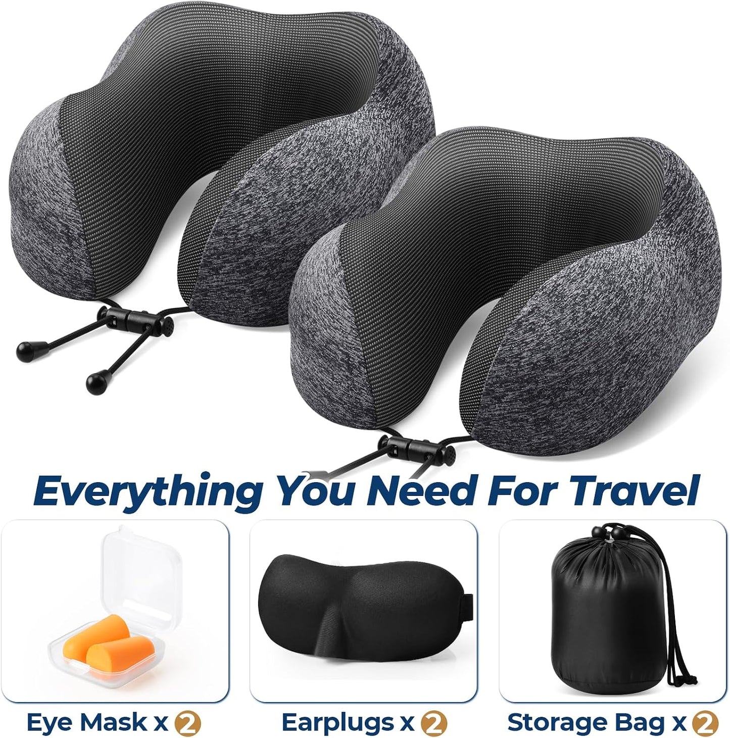 ExploreBliss Travel Pillow, Travel Pillows for Sleeping Airplane, Neck Pillow Airplane, Memory Foam Neck Pillow Set with Eye Mask, Earplugs and Storage Bag -Grey