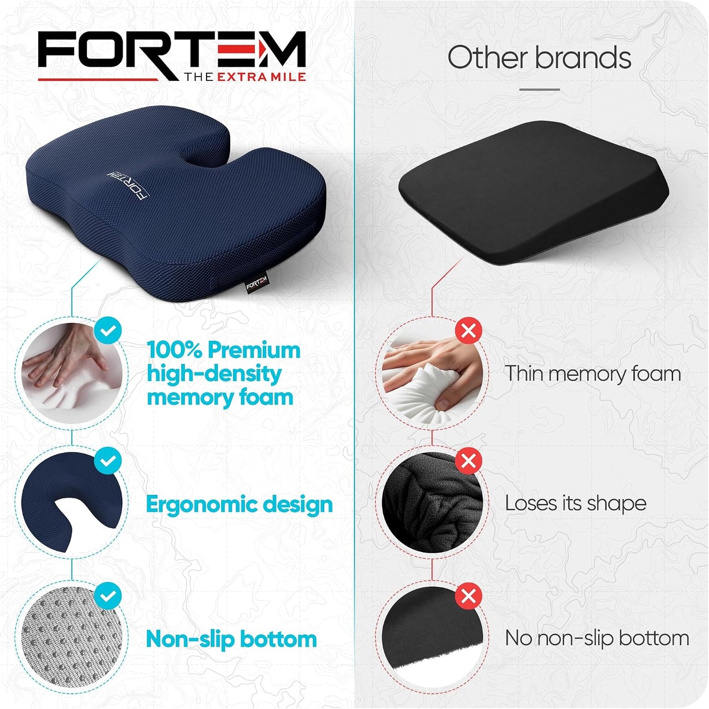FORTEM Seat Cushion, Office Chair Cushion, Memory Foam Car Seat Cushions, Sciatica Coccyx Tailbone Pain Relief, Chair Cushions for Back Support, Sitting Pad for Gaming, Washable Cover, Non Slip