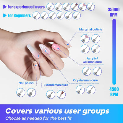 Electric Nail Drill Professional 35000RPM,Rechargeable Electric Nail File Cordless with 9-Speed & LED Display,12-in-1 Portable Manicure Pedicure kit for Acrylic Gel Dip Powder Nails (Purple)
