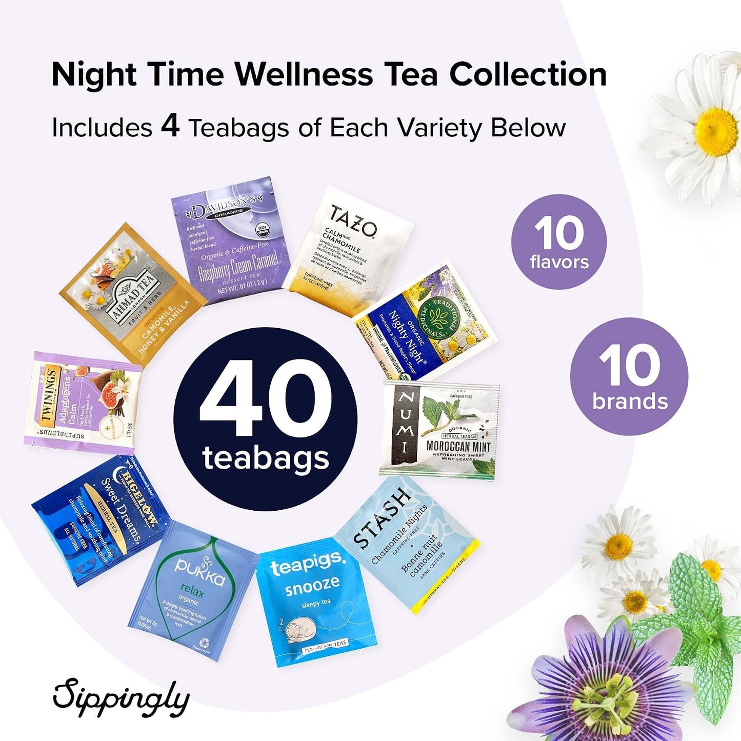 Sippingly Night Time Tea Sampler – 40 Herbal Teas – 10 Flavors from Top Brands – Chamomile, Lavender, Passionflower – Perfect Relaxation & Calm Support – Ideal Wellness Gift – Kosher, Gluten-Free