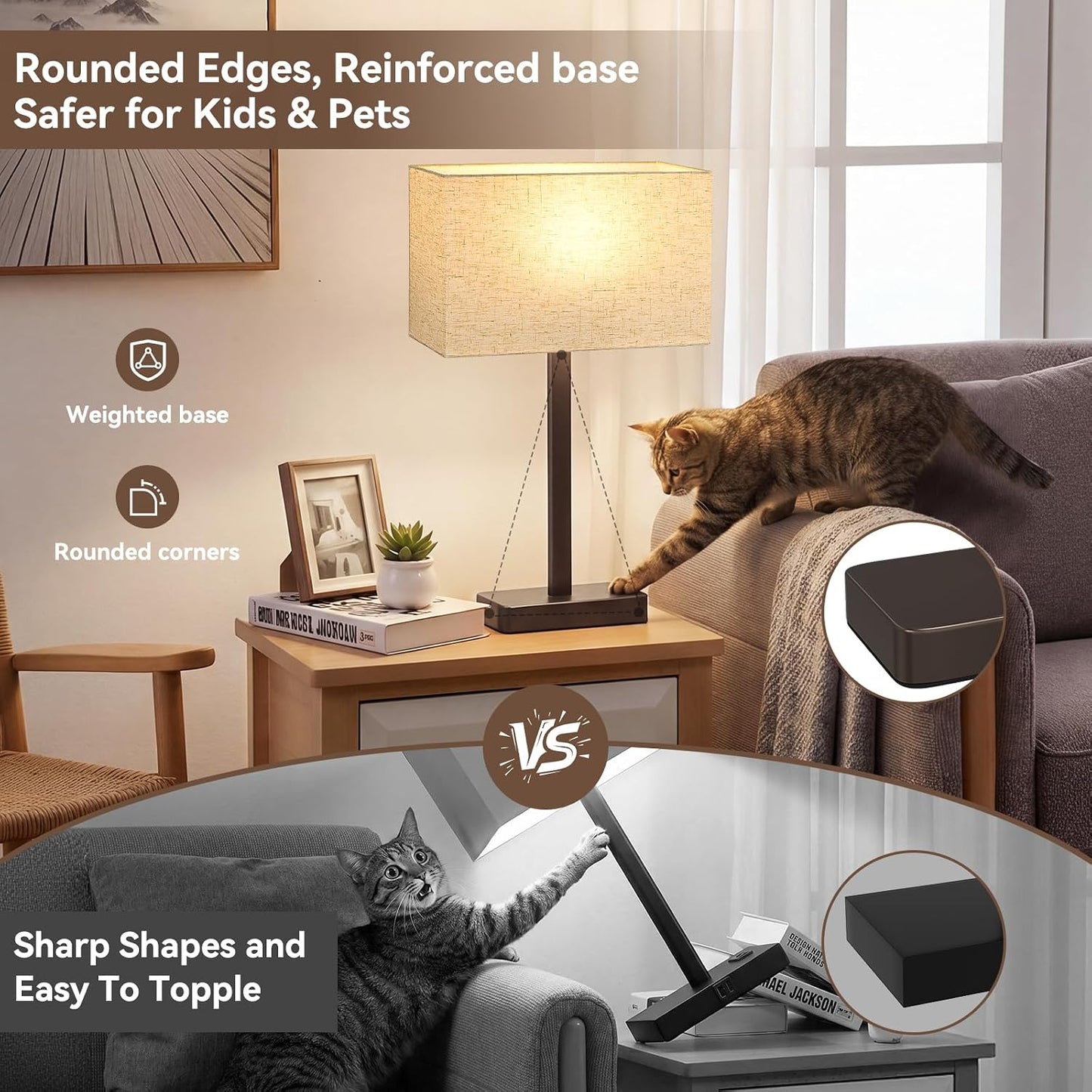 Hong-in Touch Lamps for Bedroom - 3-Way Dimmable Bedside Lamps Set of 2 with USB C+A, Grey Modern Table Lamp for Night Stands, Desk Lamp for Living Room Nightstand End Tables Bed Side