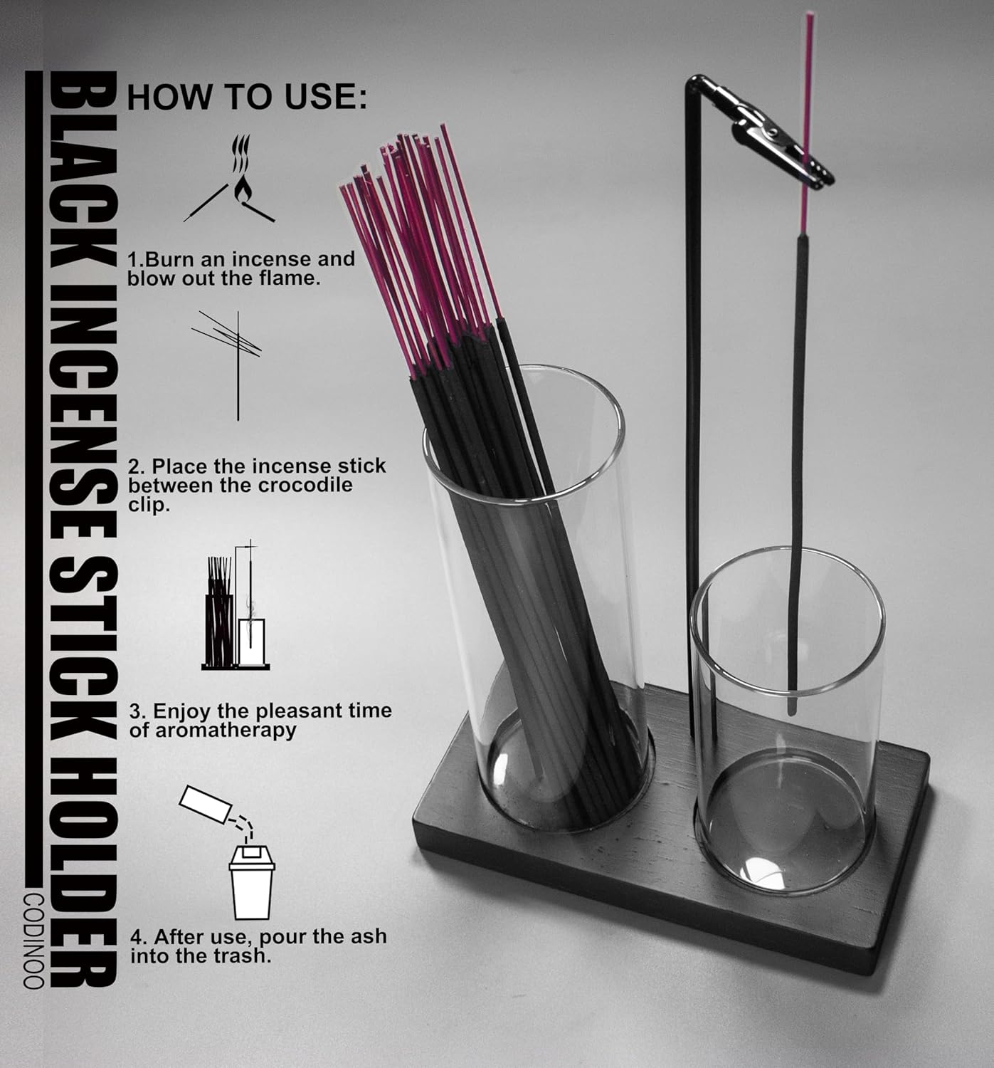 2 in 1 Incense Burner Holder for Sticks,Glass Incense Holder with Storage,Upside Down Incense Holder for Sticks with Glass Ash Catcher for Meditation Yoga Spa Room Home Decor[Full Black]