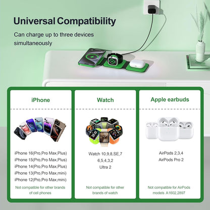3 in 1 Charging Station for Multple Devices,Foldable 3 in 1 Wireless Charger for Travel,NANO Wireless Charging Station for iPhone17 16 15 14 13 12 Pro Max/Watch 10 9 8 7 6 5 4 3 Ultra/AirPod Pro