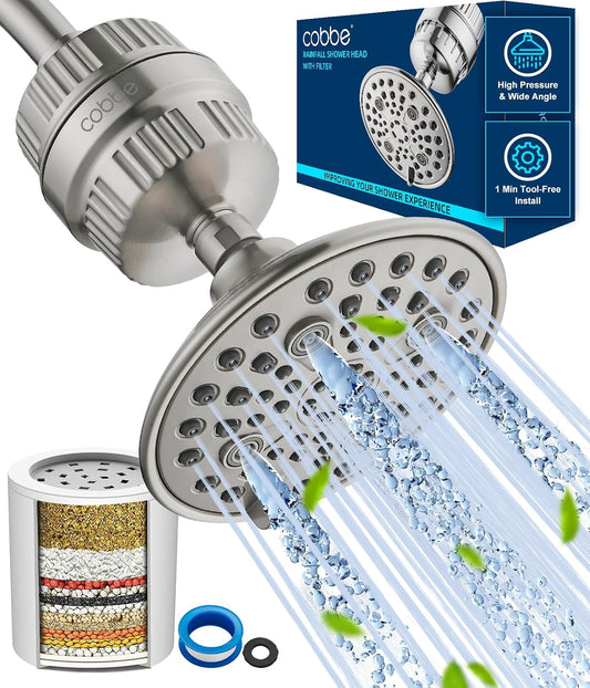 Cobbe High Pressure Filtered Shower Head Combo, Rain Shower Head with 20 Stage Shower Head Filter for Hard Water - Adjustable Replacement Remove Chlorine and Harmful Substances, Matte Black