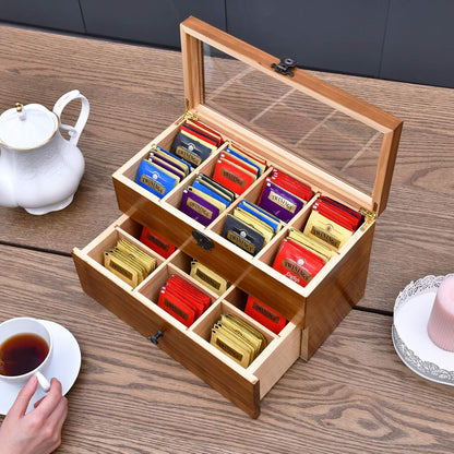 WELLAND Wood Tea Bag Organizer, Storage Box with Clear Acrylic Window, 2-layer 14 Compartments Large Capacity Tea Bag Holders, Gift Idea