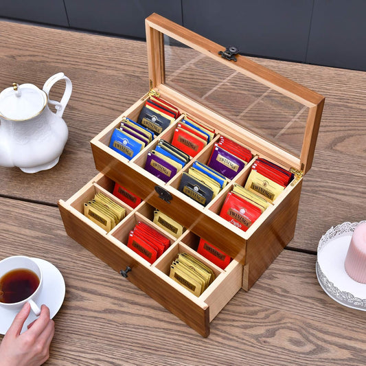 WELLAND Wood Tea Bag Organizer, Storage Box with Clear Acrylic Window, 2-layer 14 Compartments Large Capacity Tea Bag Holders, Gift Idea