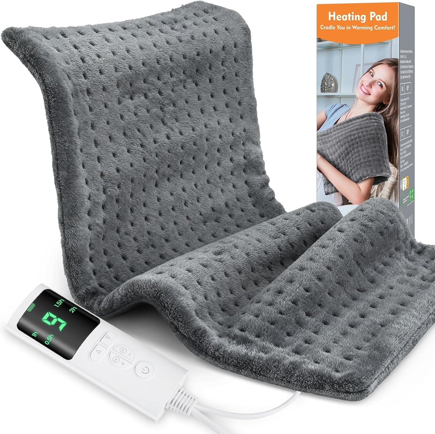 Heating Pad for Back Pain, Electric Heat Pad with 9 Heat Levels & 4 Auto-Off Timers, Portable Heating Pad for Period Cramps, Shoulder, Neck, Machine Washable, Gifts for Women and Men, Grey, 24''×12''