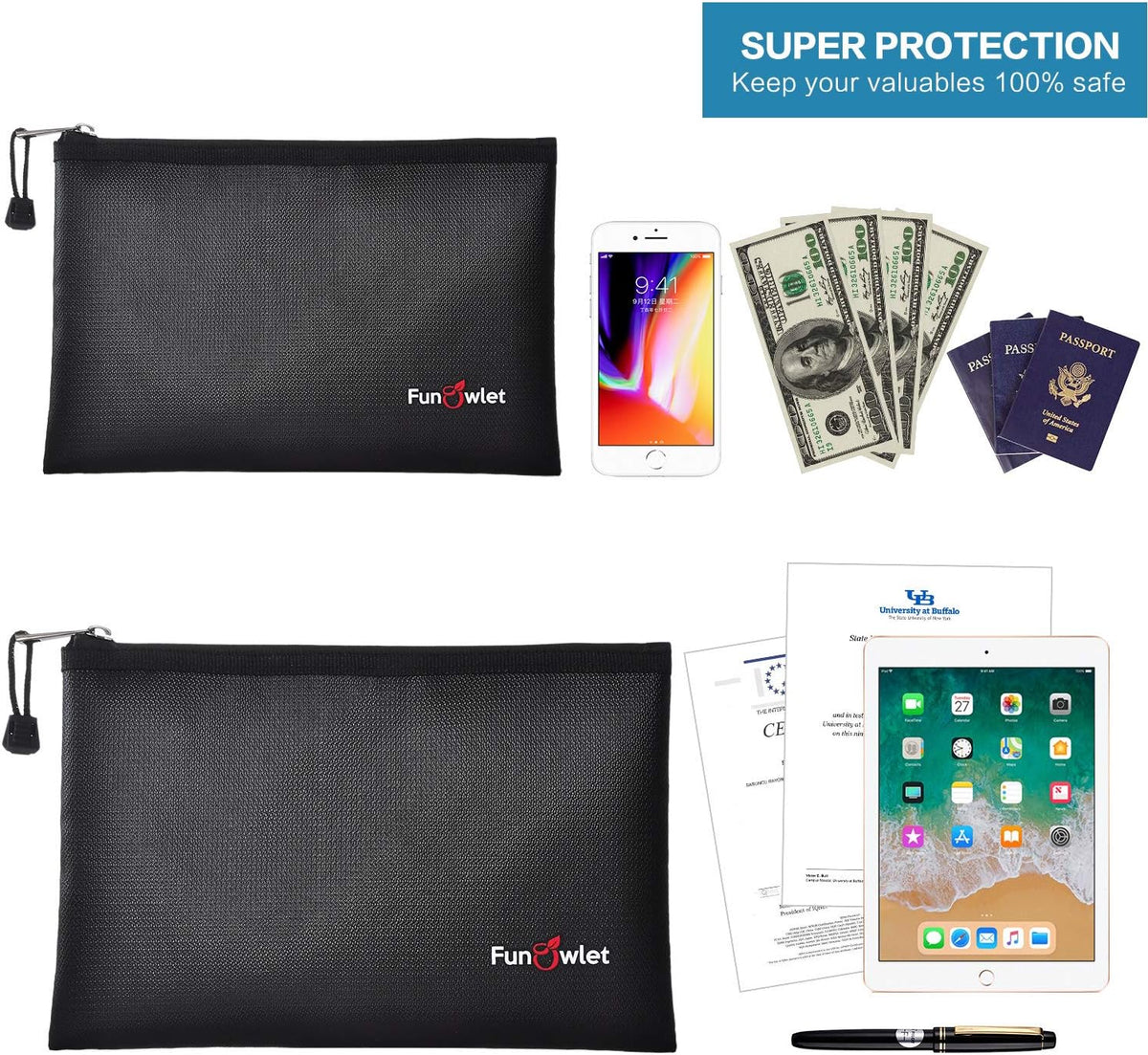 Fireproof Waterproof Money Document Bag, 2Pack Safe Pouch Black