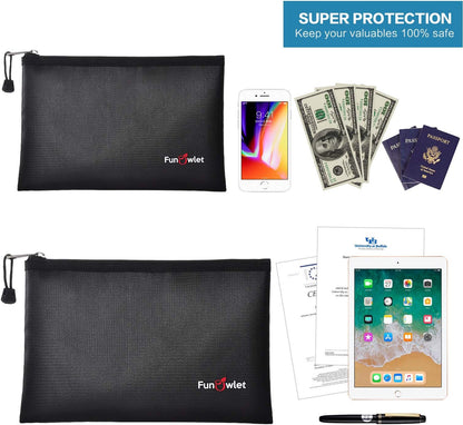 Fireproof Waterproof Money Document Bag, 2Pack Safe Pouch Black