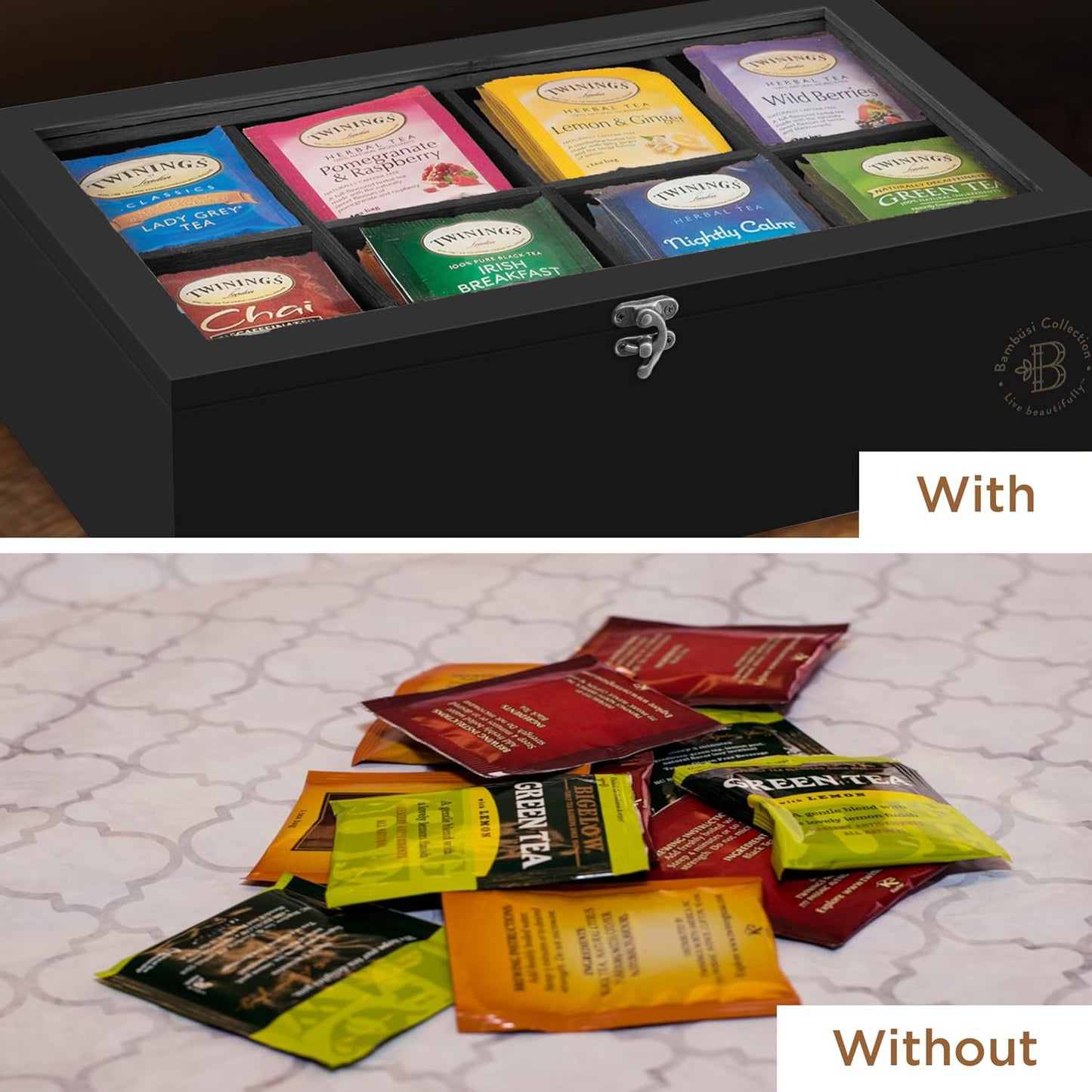 Tea Bag Organizer with Drawer - Bamboo Tea Box Organizer, 8-Compartment Tea Storage Box with Acrylic Lid and Magnetic Closure, Tea Box for Kitchen Counter, Gifts for Mom, Wife, Tea Lovers (White)