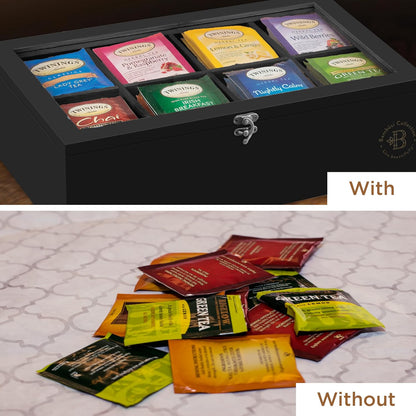 Tea Bag Organizer with Drawer - Bamboo Tea Box Organizer, 8-Compartment Tea Storage Box with Acrylic Lid and Magnetic Closure, Tea Box for Kitchen Counter, Gifts for Mom, Wife, Tea Lovers (White)
