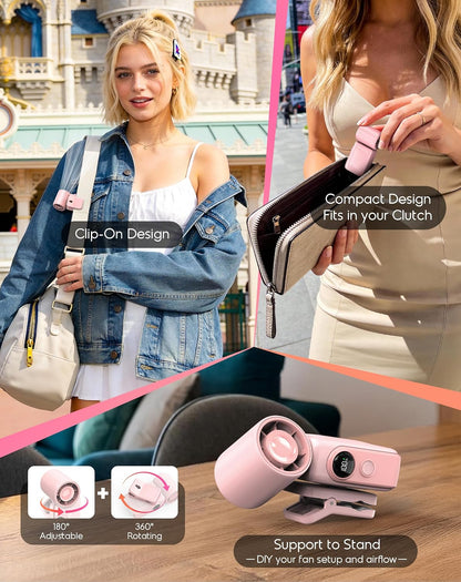 Portable Clip-On Mini Fan, Personal Handheld Fan for Stroller w/ LED Screen