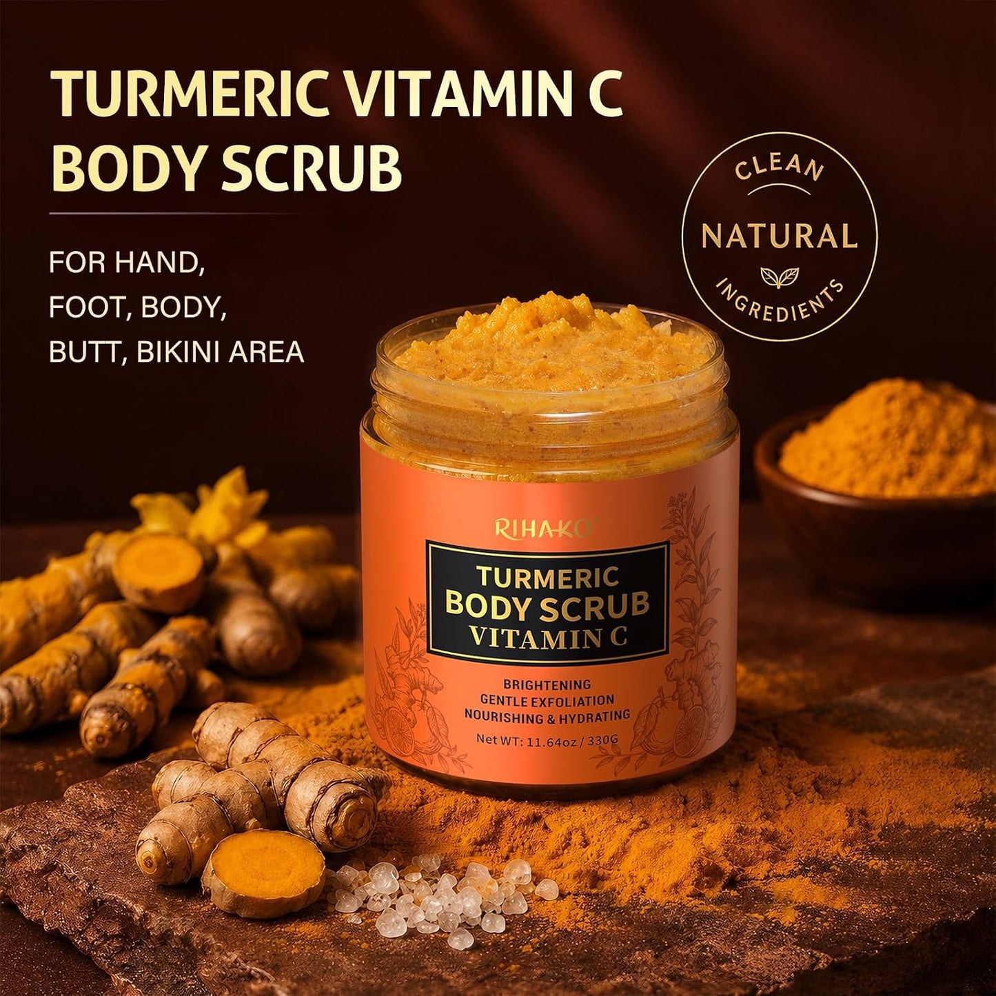RIHAKO Turmeric Body Scrub, Exfoliating Body Scrub with Vitamin C, Deep Cleansing Skin Exfoliator Scrub, Organic Moisturizing Skincare for Bikini Area, Body, Hands, and Foot 11.64 oz
